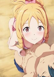 absurdres bikini blonde_hair blush bow breasts censored closed_mouth drill_hair eromanga_sensei from_above handjob highres izumi_masamune md5_mismatch outdoors red_bow small_breasts striped striped_bikini swimsuit twin_drills yamada_elf