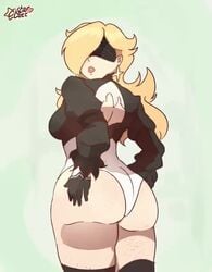 1girls 2d animated ass ass_grab blonde_hair breasts c_starlett clothing crossover earrings female female_only grey_background huge_ass leotard long_hair looking_back mario_(series) nier:_automata nintendo no_sound princess_rosalina shorter_than_10_seconds simple_background solo standing tagme vertical_video video yorha_2b_(cosplay)