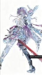 ai_assisted ai_generated big_breasts breasts cold female_focus female_only frozen frozen_solid hands ice kafka_(honkai:_star_rail) legs purple_eyes purple_hair restrained slim solo string stuck_in_ice thighs unable_to_move