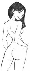 1girls asian asian_female ass black_hair butt chinese chinese_female completely_nude_female disney disney_princess fa_mulan female_only happy happy_female hobb line_art looking_back medium_breasts medium_hair monochrome mulan_(1998_film) open_mouth unashamed