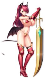 big_breasts breasts celestia_laciel demon_girl demon_horns demon_tail demon_wings derauea game_cg horns large_breasts long_hair looking_at_viewer motto!_haramase!_honoo_no_oppai_isekai_chou_ero_succubus_gakuen! official_art oppai shiny_skin stockings succubus succubus_horns succubus_tail succubus_wings sword