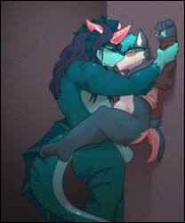 absurd_res against_surface against_wall anal anal_sex anthro aquatic_dragon balls big_balls bluedomstar blush bottomless canid canine canis closed_eyes clothed clothing curling_toes dragon duo eyewear feet genitals glasses hi_res hoodie hoodie_only humanoid_genitalia kissing lead_(leadscales) male male/male mammal marine muscular muscular_male mythological_creature mythological_scalie mythology partially_clothed penetration penile penile_penetration penis_in_ass pinned pinned_to_wall saliva_on_face scalie sex stand_and_carry_position standing standing_sex stomach_bulge thick_thighs topwear topwear_only wolf