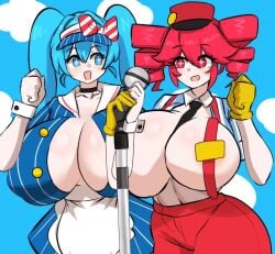 2d 2d_(artwork) 2d_animation 2girls animated areola_slip areolae belly big_breasts blouse blue_eyes blue_hair blush bouncing bouncing_breasts bow breast_press breast_squeeze breast_squish breasts breasts_bigger_than_head breasts_bigger_than_torso breasts_pressed_together breasts_squeezed_together choker cleavage clothed clothed_female clothing collar curvaceous curvy curvy_female curvy_figure dancing deep_cleavage detached_cuffs enormous_breasts exposed_breasts eyelashes female female_only gigantic_breasts gloves hat hatsune_miku high-waist_pants high_waisted_pants hips_wider_than_shoulders huge_areolae huge_breasts hyper hyper_breasts hypnosis implied_paizuri jiggle jiggling_breasts kasane_teto kasane_teto_(sv) large_areolae large_breasts longer_than_10_seconds looking_at_viewer massive_breasts massive_hips mesmerized mesmerizer_(vocaloid) mesmerizer_miku mesmerizer_teto microphone microphone_between_breasts midriff miruyuyo mv_character navel necktie necktie_between_breasts nervous nervous_smile nipple_bulge nipples no_sound object_between_breasts open_mouth pants pressing_breasts_together red_eyes red_hair shiny_skin shirt shorter_than_30_seconds simple_background skirt sparkling_eyes striped_shirt suggestive suggestive_gesture suggestive_pose suspenders sweat sweating synthesizer_v tagme twin_drills twintails utau venus_body video visor_cap vocaloid voluptuous voluptuous_female waitress waitress_uniform wide_hips wobble wobbling_breasts