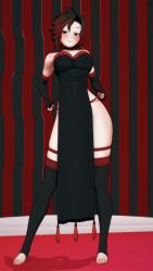 1girls black_hair black_hair_female cleavage clothed_female dress indrick_[artist] large_breasts pose posing red_highlights ruby_rose rwby seductive_smile silver_eyes solo_female thighs