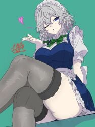 1girls ;o ass bare_thighs big_ass big_breasts blowing_kiss blue_eyes breasts crossed_legs drawlab33t female female_only from_below heart izayoi_sakuya large_breasts looking_at_viewer looking_down maid maid_outfit maid_uniform one_eye_closed open_mouth sakuya_izayoi skindentation teasing thick_thighs thighs touhou uniform wink