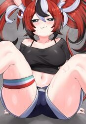 absurdres alternate_version_available animal_ears black_hair black_shirt blue_eyes blue_shorts cropped_shirt female hakos_baelz highres hololive hololive_english mouse_ears mouse_girl multicolored_hair navel nobarts red_hair shirt shorts single_bare_shoulder single_off_shoulder solo virtual_youtuber white_hair