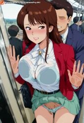 1girls ai_generated big_ass big_breasts bra bra_visible_through_clothes busty button_gap chikan curvy detailed_background embarrassed female green_skirt hand_in_another's_panties hand_in_panties heavy_blush huge_breasts kurita_yuuko looking_pleasured male/female masturbation molestation molesting nipple_slip nipples nude oishinbo open_mouth perky_breasts pleasure puffy_nipples sexy shame skirt skirt_lift solo squeeshyai submissive submissive_face thick thighs train wide_hips
