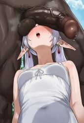 1boy 1boy1girl 1girls ai_generated ai_slop balls blush cant_see_the_haters cock dark-skinned_male dark_skin elf elf_ears elf_female elf_girl female frieren frieren_beyond_journey's_end from_below generic_dark-skinned-muscular_male hairy_male huge_balls huge_cock huge_testicles looking_up male penis penis_awe penis_on_face precum shikicum69 sky small_breasts sousou_no_frieren steaming testicles testicles_on_face twintails upward_angle_frieren_drawing_(meme) white_hair