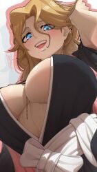 1girls artist_name bleach bleach:_sennen_kessen-hen blonde_hair blue_eyes chain_necklace chains female female_focus female_only japanese_clothes jewelry looking_at_viewer matsumoto_rangiku mole mole_under_mouth necklace pink_shawl shawl shihakusho simple_background strawberry_blonde tettora