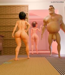 3d after_sex alexfrazer ass big_hero_6 bob_parr cheating_wife crossover cum fat_male gogo_tomago helen_parr large_breasts leaving marvel medium_breasts middle_finger naked_female naked_male the_incredibles walking