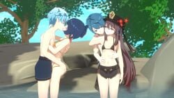 2boys 2girls 3d bathing bikini blue_hair brown_hair chongyun_(genshin_impact) closed_eyes cyan_hair female ffmm_foursome foursome genshin_impact hat horny hoyoverse hu_tao_(genshin_impact) hugging hugging_from_behind kissing male mihoyo multiple_girls multiple_males orgy outdoors petite red_eyes rocks sansonnsfw short_hair shorts small_breasts smile standing thighs trees water xiangling_(genshin_impact) xingqiu_(genshin_impact) young