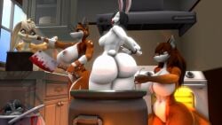 16:9 ambrosebowie anthro apple_in_mouth appliance ass big_breasts big_butt blood bodily_fluids boil breasts canid canine chopping_block cooking_pot cooking_with_furs decapitation dolcett female female/female fox group hands_behind_back imminent_death kitchen kitchen_appliance lagomorph leporid lola_bunny looney_tunes mammal nude nude_anthro nude_female oven rabbit warner_brothers widescreen