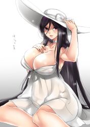1girls belly belly_button big_breasts bigger_female black_hair blush breast_squeeze breast_squish breasts choker dress female folklore giant_breasts hasshaku-sama hat huge_female japanese_mythology legend long_hair massive_breasts mature_female milf mythology nipples nipples_visible_through_clothing no_bra pale-skinned_female pale_skin pink_nipples pose posing posing_for_the_viewer red_eyes sun_hat takatsuki_ichi text thick_legs thick_lips thick_thighs urban_legend white_body white_dress white_skin