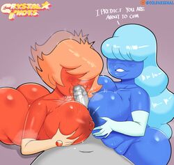 1boy 1girls 2girls anon ass big_breasts big_lips blue_skin breasts cartoon_network coldarsenal crystal_thots dialogue double_paizuri elbow_gloves english_text fellatio fupa gem_(species) gloves hair_over_eyes huge_breasts lips long_hair male/female male_pov motion_blur navel off_colors_(steven_universe) oral_sex orientation_play padparadscha_(steven_universe) paizuri penis plump_lips red_skin sapphire_(steven_universe) short_hair shortstack steven_universe sweat sweating thick_ass thick_lips thick_thighs threesome voluptuous