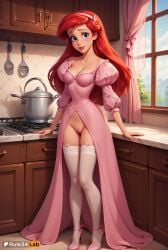 1girls ai_generated ariel ariel_(the_little_mermaid) artist_name blue_eyes bow breasts cabinet cleavage cleft_of_venus collarbone curtains day disney disney_princess dress female female_only freckles full_body hairband hi_res high_heels indoors kitchen lips long_dress long_hair long_sleeves looking_at_viewer medium_breasts no_panties parted_lips patreon_username pink_bow pink_dress pink_footwear pink_hairband puffy_sleeves pussy red_hair rule34lab small_breasts smile solo spatula standing stove the_little_mermaid the_little_mermaid_(1989_film) thigh_gap thighhighs uncensored white_thighhighs window