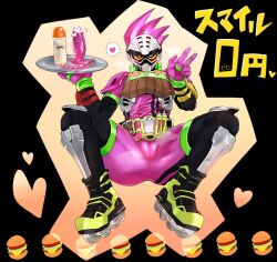 1cuntboy anal_beads armor belt bodysuit breath_cloud burger censored censored_dildo cuntboy cuntboy_focus cuntboy_only dildo emu_hojo gamer hamburger heart heart_censor heart_symbol heavy_breathing helmet japan japanese_text kamen_rider kamen_rider_ex-aid kamen_rider_ex-aid_(series) legs_apart legs_spread mask masked masturbator orange_eyes pink_armor pink_hair pinup posing presenting pussy pussy_lips pussy_through_clothing roller_skates server serving_tray sex_toy skates solo text torimotsukinkan tray