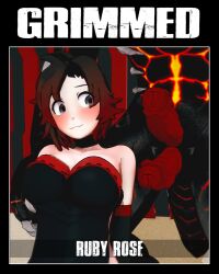 1girls 1monster 3d black_hair black_hair_female clothed_female cover_page grimm_(rwby) grimmed indrick_[artist] large_breasts looking_at_penis monster monster_cock red_highlights ruby_rose rwby silver_eyes two_cocks