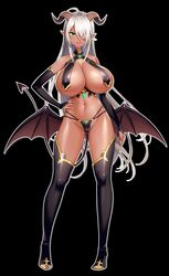 big_breasts breasts cameltoe covered_nipples dark-skinned_female dark_skin demon_girl demon_horns demon_tail demon_wings derauea game_cg horns kyunkyun_na_olganite large_breasts long_hair looking_at_viewer motto!_haramase!_honoo_no_oppai_isekai_chou_ero_succubus_gakuen! navel official_art oppai shiny_skin stockings succubus succubus_costume succubus_horns succubus_outfit succubus_tail succubus_wings