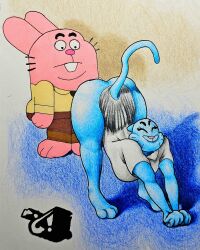 absurd_res anthro ass ass_up bottomwear cartoon_network cat_stretch clothed clothing duo felid feline female hi_res lagomorph male male/female mammal marthan_crowl_(artist) nicole_watterson raised_bottomwear raised_clothing raised_skirt richard_watterson shocked sketch skirt stretching the_amazing_world_of_gumball