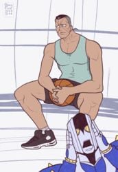 animated animated_gif diamond_is_unbreakable gay gif jojo's_bizarre_adventure josuke_higashikata male male_only miserdirt okuyasu_nijimura pe shorts sportswear stand_(jjba) sweat the_hand_(jjba) thick_thighs tied_shirt yaoi