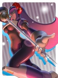 android big_breasts blunt_bangs breasts capcom commentary_request dark-skinned_female dark_skin female from_below green_eyes hair_over_eyes headgear headset hime_cut holding holding_weapon large_breasts layer layer_(mega_man) long_hair mega_man mega_man_(series) mega_man_x_(series) mole mole_under_eye napo purple_hair rapier robot_ears smile solo striped_background sword thin_waist underboob weapon