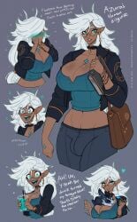 antlers beverage big_breasts blue_blush blue_eyes blush book bottomwear bracelet breasts bulge choker cleavage clothed clothing collar container covering covering_face cup denim denim_bottomwear denim_clothing disguise drinking_straw ear_piercing elf english_text eyebrow_through_hair eyebrows eyewear glasses gynomorph hair hi_res horn humanoid humanoid_pointy_ears intersex jackalope jacket jeans jewelry lagomorph mammal navel necklace pants piercing pointy_ears sharp_teeth solo teeth text topwear translucent translucent_hair white_hair wmdiscovery93