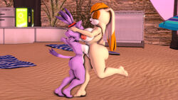 3d anthro beach blaze_the_cat breasts domestic_cat feet felid feline felis female fingers furry mammal nipples orange_hair ponytail purple_body purple_hair rabbit sonic_(series) sonicthebitch tan_body toes towel vanilla_the_rabbit yuri