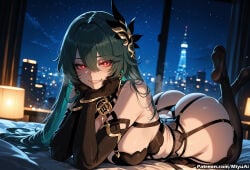 1girl ai_assisted ai_generated ass bangs bare_shoulders black_gloves black_hair black_legwear blush bracelet breasts city cleavage curvaceous curvy curvy_female curvy_figure elbow_gloves eyebrows_visible_through_hair female garter_belt garter_straps gloves hair_between_eyes hair_ornament honkai_(series) honkai_impact_3rd jewelry large_breasts long_hair looking_at_viewer lying miyuai night night_sky on_bed on_stomach red_eyes sky smile solo star_(sky) starry_sky thick thick_ass thick_butt thick_hips thick_legs thick_thighs thighhighs thighs underwear vita_(honkai_impact) voluptuous voluptuous_female wide_hips wide_thighs window