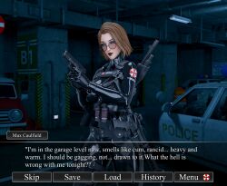 1girls 3d assault_rifle black_lipstick blender brown_hair clothed_female corset crossover cuff_(restraint) english_text female female_only fetish game_ui glasses gun gun_holster hi_res high_resolution holding_weapon holster latex latex_clothing latex_hood latex_suit life_is_strange life_is_strange:_double_exposure lipstick max_caulfield max_caulfield_(double_exposure) neck_corset pistol resident_evil round_glasses rubber shiny_clothes shotgun skyebunny text tight_clothing umbrella_corporation visual_novel visual_novel_interface