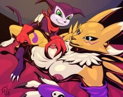 absurd_res anthro bandai_namco black_sclera blue_eyes breasts canid canine claws clothing demon digimon digimon_(species) duo female fox fur genitals gloves green_eyes handwear hi_res imp impmon male mammal markings monster_boy navel nipples pretzel_position purple_body renamon sacrificabominat scarf sex size_difference sleeves vulva white_body white_fur yellow_body yellow_fur