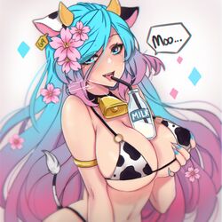 1girls bikini bikini_top breasts cow_bikini cow_ears cow_girl cow_horns cow_print cow_print_bikini cowbell female female_only hair_flower hair_ornament horns indie_virtual_youtuber large_breasts meowyin milk multicolored_hair pointy_chin silvervale solo tail themeowyin virtual_youtuber vshojo