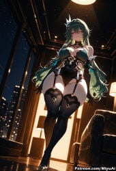 1girl ai_assisted ai_generated bangs bare_shoulders black_legwear black_leotard breasts cameltoe cleavage closed_mouth covered_navel curvaceous curvy curvy_female curvy_figure elbow_gloves female from_below full_body full_moon garter_straps gloves green_hair hair_between_eyes highleg highleg_leotard honkai_(series) honkai_impact_3rd large_breasts leotard long_hair looking_at_viewer miyuai moon night night_sky red_eyes sky smile solo standing thick thick_ass thick_butt thick_hips thick_legs thick_thighs thigh_boots thighhighs thighs vita_(honkai_impact) voluptuous voluptuous_female wide_hips wide_thighs