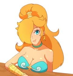 1girls belly_dancer belly_dancer_outfit blonde_hair blue_eyes blush breast_rest breasts breasts_on_table c_starlett cleavage clothing cosplay crossover female female_only hair_over_one_eye harem_outfit head_tilt high_ponytail huge_breasts mario_(series) nintendo ponytail princess_rosalina shantae shantae_(cosplay) simple_background smile smooth_skin solo tied_hair white_background