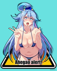 1girls ahe_gao ahegao aqua_(konosuba) bikini breasts danfer3 english_text female kono_subarashii_sekai_ni_shukufuku_wo! peace_sign tagme text v_sign