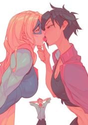 1boy 2girls blonde_blazer breasts cleavage dispatch_(game) female female_focus invisigal kissing large_breasts light-skinned_female light_skin looking_at_another male midriff rebigaki_art robert_robertson surprised white_background yknivel yuri