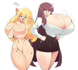 2girls big_breasts blonde_hair breasts breasts_bigger_than_head bursting_breasts button_pop captain_talbot_(ch3rrycupcakes) ch3rrycupcakes cleavage covering_breasts cute_fang glasses nude nude_female original_character source_request thick thick_thighs thighs