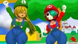 2girls 3d 3d_(artwork) bare_chest bare_shoulders big_breasts big_thighs blue_overalls boiboi9999 breasts cap cleavage clothed clothing curvy duo female female_only gloves green_hair green_shirt hair_over_one_eye hat hood jumping kabalmystic_(style) koopa_girl light-skinned_female light_skin long_hair long_sleeves luigi_(cosplay) luigi_cap luigi_hat mario_(cosplay) mario_(series) mario_cap mario_hat nintendo open_mouth outdoors overalls red_shirt sfm shirt shy_gal shy_gal_red source_filmmaker thick thick_hips thick_thighs thighs white_gloves wide_hips yellow_hair