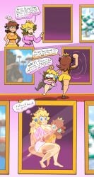 2girls alternate_outfit blonde_hair blue_eyes breasts_out brown_hair chabble comic crown earrings exposed_breasts flat flattened green_eyes mario_(series) mishap painting princess_daisy princess_peach sealed sealed_in_painting stuck stuck_in_object super_mario_64 super_mario_bros. tagme