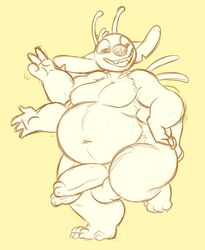 1boy 2021 4_fingers 4_toes alien antennae_(anatomy) anthro anthrofied back_spines balls belly diphallia diphallism disney experiment_(lilo_and_stitch) feet fingers genitals gesture grin hands_on_hips head_tuft himbo_stitch horizontal_diphallism lilo_and_stitch male male_only multi_arm multi_genitalia multi_limb multi_penis navel notched_ear nude obese obese_anthro obese_male overweight overweight_anthro overweight_male penis simple_background sketch smile solo stitch terribletanuki toes tuft v_sign yellow_background