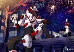 alcohol beverage black_body black_fur fireworks fur genitals gitch hazakyaracely hi_res holidays machine male male_only mammal new_year penis protogen public_nudity red_body red_fur solo white_body white_fur wine wine_bottle wine_glass