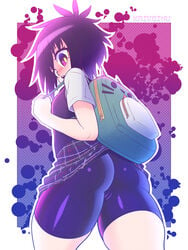 1girls 2d alternate_version_available asian ass back_view backpack bag bike_shorts black_hair booty_shorts bubble_butt cameltoe clothed female female_only fully_clothed human kaikoinu large_ass latex latex_clitoris latex_vagina light-skinned_female light_skin looking_back looking_down marvel marvel_comics open_mouth pale-skinned_female pale_skin parted_lips peni_parker school_uniform schoolgirl short_hair short_skirt short_sleeves shorts skirt skirt_up small_breasts solo solo_female spider-man:_into_the_spider-verse spider-man_(series) standing surprised thick_ass thick_thighs thighs upskirt walking watermark