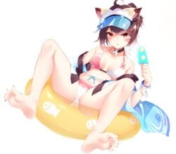 absurdres animal_ears ass barefoot bell bell_choker bikini blush breasts brown_hair choker feet female food highres ichihime innertube looking_at_viewer lying mahjong_soul medium_breasts multicolored_hair nail_polish off_shoulder on_back otokuyou parted_lips popsicle red_eyes red_nails simple_background soles solo spread_legs swimsuit toenail_polish toes visor_cap white_background white_hair