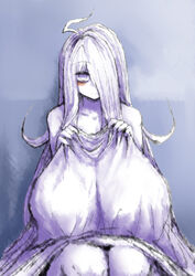 2b213 blush breasts collarbone covering_breasts curvy eye_bags female hair_covering_eye huge_breasts long_hair mei_(2b213) sheet_grab solo source_request tagme