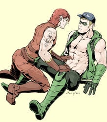 2boys abs arsenal biceps blonde_hair clothed dc evinist green_arrow male male/male male_only muscular oliver_queen pecs red_hair tattoo