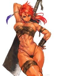 1girls abs arm_behind_head armlet babel_(shu-mai) bangs blue_eyes bracer braid breasts budget_sarashi cleavage curvy dark-skinned_female dark_skin ear_piercing feathers female_pubic_hair g-string hair_between_eyes hand_on_hip hatchet highleg jewelry large_breasts long_hair looking_at_viewer melee_weapon muscles muscular_female navel neck_ring oriental_hatchet original piercing pubic_hair pubic_hair_peek pursed_lips red_hair sarashi shu-mai simple_background solo swept_bangs sword sword_on_back tan thigh_strap thong v-shaped_eyebrows warrior weapon weapon_on_back white_background