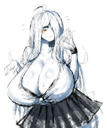 2b213 blush button_down_shirt cleavage clothed curvy eye_bags female hair_over_one_eye huge_breasts mei_(2b213) skirt solo source_request sweat sweating unbuttoned_shirt