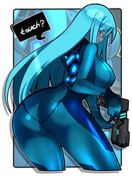 1girls ass big_ass big_breasts big_butt blue_hair blush bodysuit breasts curvy dark_samus flirting grey_skin gun iriomote_umineko large_breasts looking_back metroid nintendo nipple_bulge tagme talking_to_viewer teasing zero_suit