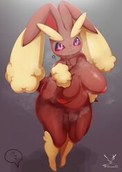 1girls ? animal_ears anthro areola belly big_breasts black_sclera blush bodily_fluids breasts brown_fur female female_only floppy_ears fluffy fluffy_ears front_view fur genital_fluids hips huge_breasts inverted_nipples lagomorph leporid long_ears looking_at_viewer lopunny navel nintendo nipples no_humans pink_eyes pink_nose pokémon_(species) pokemon pokemon_(species) pokemon_dppt puffy_areola pussy pussy_juice rabbit rabbit_ears rabbit_tail short_tail signature simple_background slightly_chubby solo solo_female standing steam steaming_body stomach sweat sweaty tail thick_thighs thighs two_tone_fur usssar12 video_games wide_hips yellow_fur