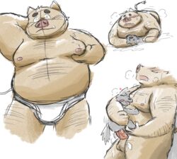 2021 anthro balls blush bodily_fluids brown_body brown_fur canid canine clothing cum duo ejaculation erection fur genital_fluids genitals grey_body grey_fur hi_res hon55728 kemono male mammal moobs nipples overweight overweight_male penis sex size_difference suid suina sus_(pig) underwear wild_boar