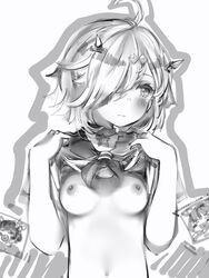 +_+ ahoge blush breasts closed_mouth female hair_over_one_eye hands_up highres horns lifted_by_self mahjong_soul medium_breasts nanashi_(nlo) neckerchief nipples one_eye_covered outline shirt_lift short_hair solo suzumiya_anju translation_request